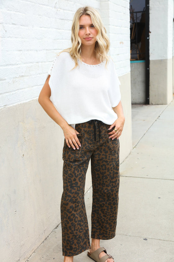 Be Bold Black Mid Rise Baggy Leopard Print Drawstring Patch Pocket Jeans