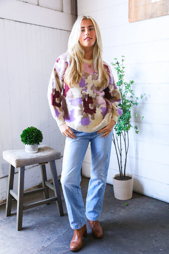 Cozy in Chaos Taupe Multi Print Design Sweater