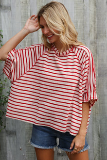  Casual Chic Cotton Red & Cream Stripe Raglan 3/4 Sleeve Pullover
