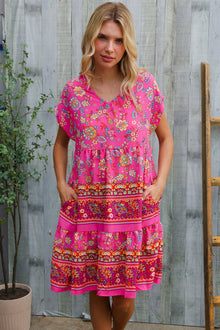  Boho Love Fuchsia Floral Print V Neck Dolman Sleeve Dress