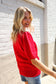 Patriotic USA Red Knit Embroidery Puff Sleeve Sweater Top