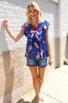 American Flag Blue & Red Stars & Bow Print Woven Top