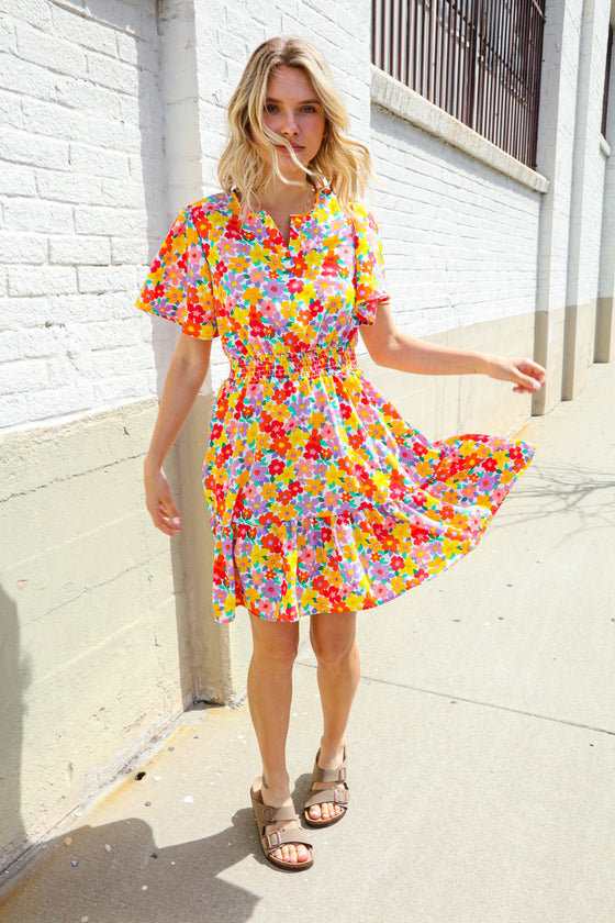Spring Vibes Coral Notch Neck Smocked Waist Ruffle Hem Dress