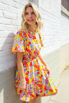 Spring Vibes Coral Notch Neck Smocked Waist Ruffle Hem Dress