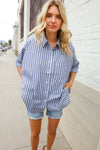 Put Together Blue & White Stripe Button-Down Dolman Sleeve Blouse