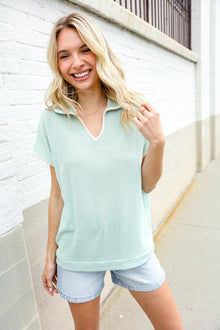  Weekend Ready Sage Collar Notch Neck Waffle Knit Top