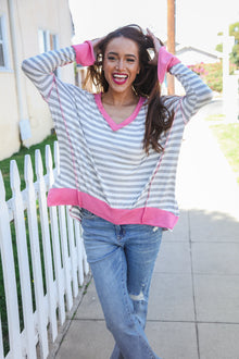  Weekend Ready Heather Grey Stripe Hi-Lo Out Seam Stitch Pullover