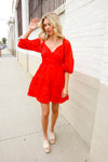 Love Found Red Crepe Sweetheart Wrap Yoke Puff Sleeve Lined Dress