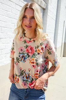  Weekend Ready Taupe Floral Print Short Sleeve Top