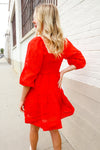 Love Found Red Crepe Sweetheart Wrap Yoke Puff Sleeve Lined Dress