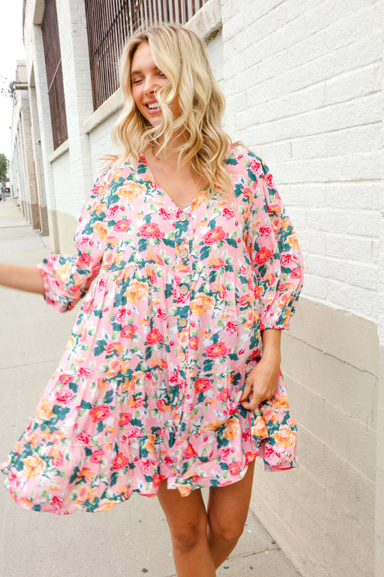Boho Vibes Cotton Floral Button Down 3/4 Sleeve Tiered Dress