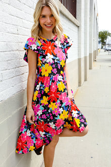  Spread Joy Black & Multicolor Floral Flutter Sleeve Babydoll Dress