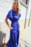 Lock Eyes Solid Blue Smocked Notched Neck Flutter Sleeve Maxi
