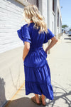 Lock Eyes Solid Blue Smocked Notched Neck Flutter Sleeve Maxi