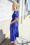 Lock Eyes Solid Blue Smocked Notched Neck Flutter Sleeve Maxi