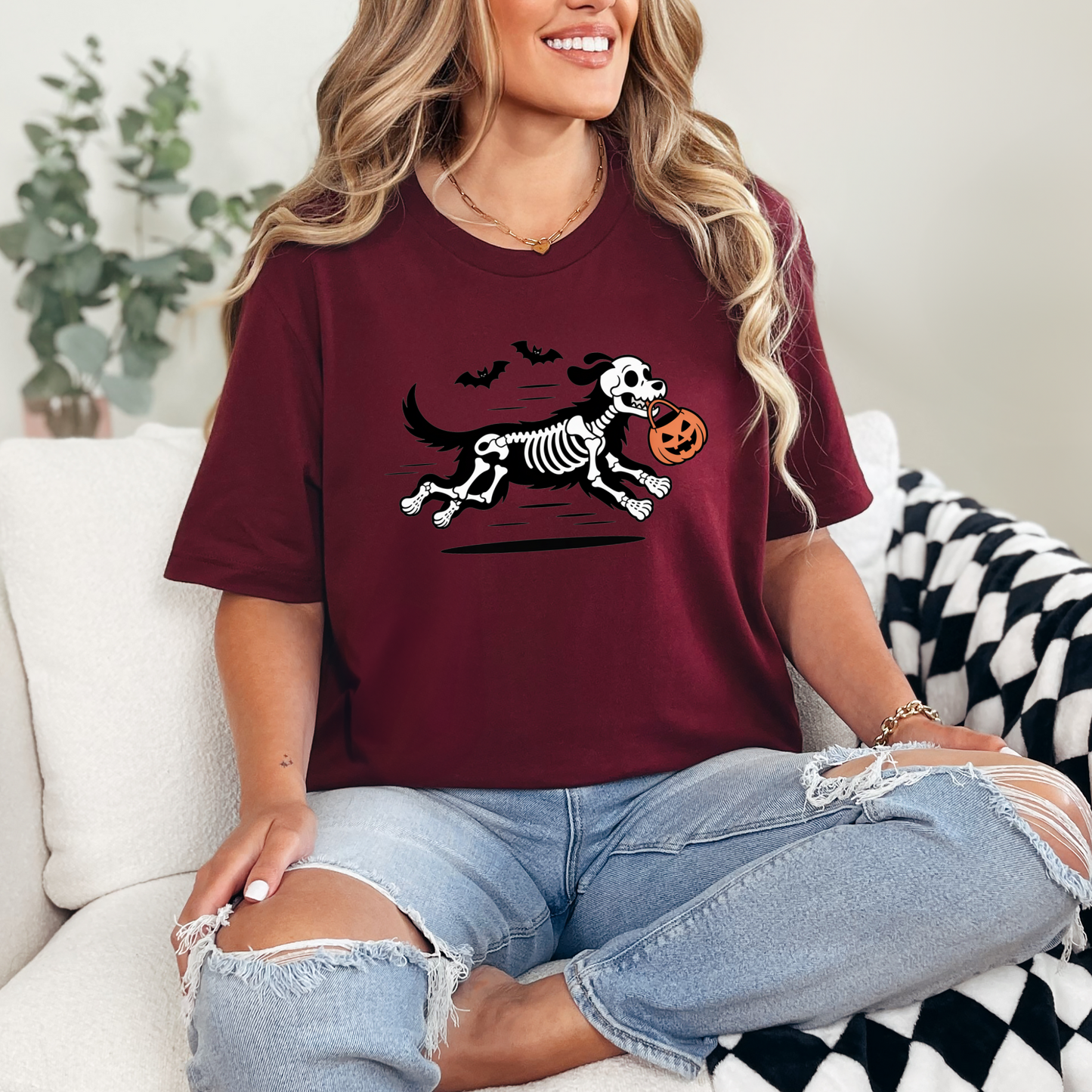 Wholesale Skeleton Dog Graphic Tee - Maroon Tee