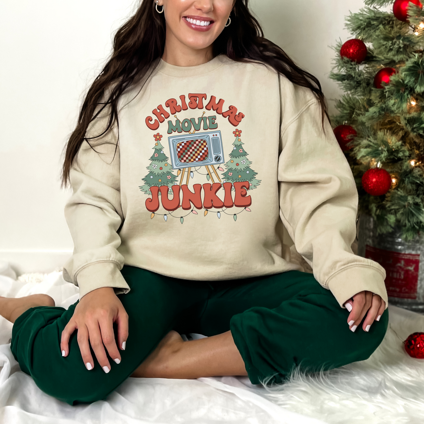 Wholesale Retro Christmas Movie Junkie Graphic Tee - Sand Sweatshirt