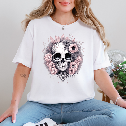 Wholesale Skull with Pink Roses Graphic Tee - White Tee