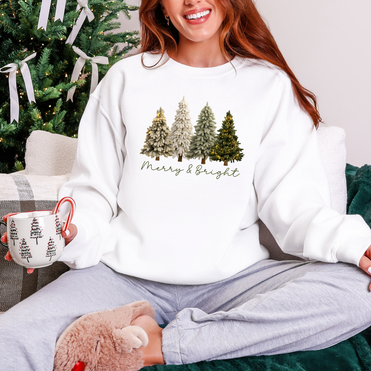 Wholesale Merry & Bright Faux Yarn Trees Sweatshirt - White Sweatshirt