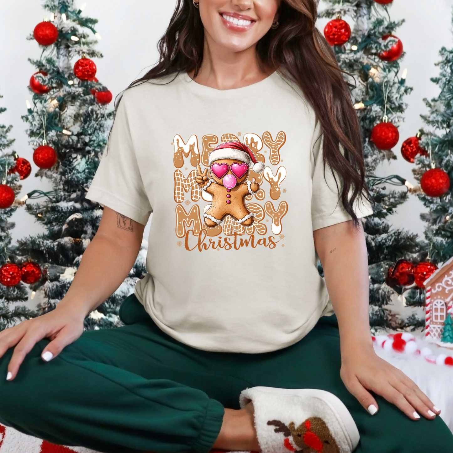Wholesale Merry Christmas Gingerbread Graphic Tee - Natural Tee