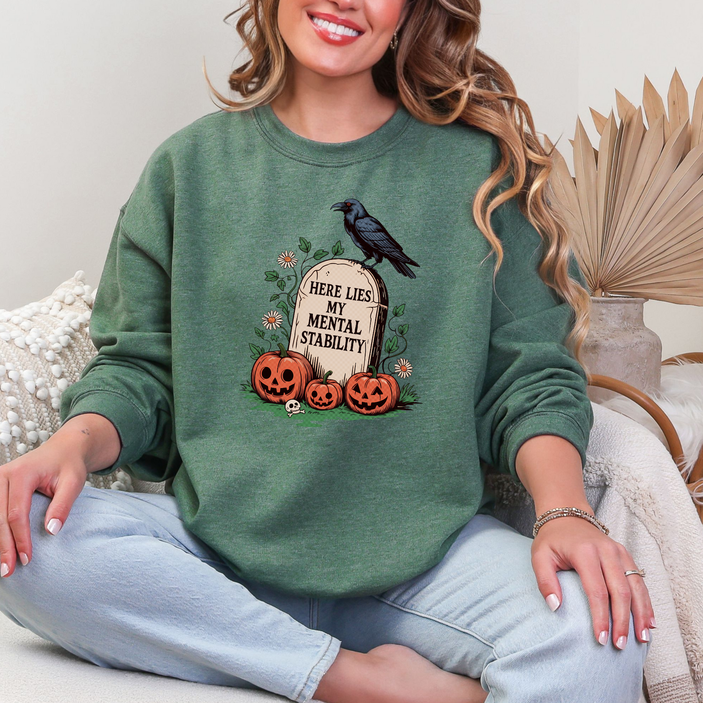 Wholesale Here Lies My Mental Stability Sweatshirt - Heather Dark Green Sweatshirt