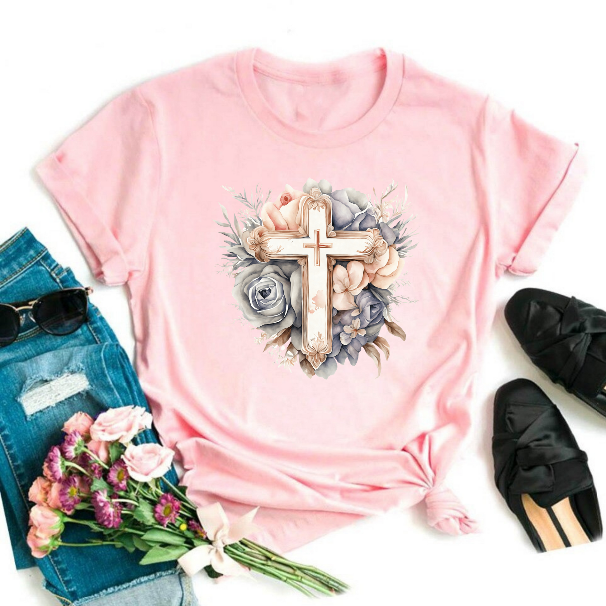 Wholesale Floral Cross Graphic Tee - Heather Dust Tee