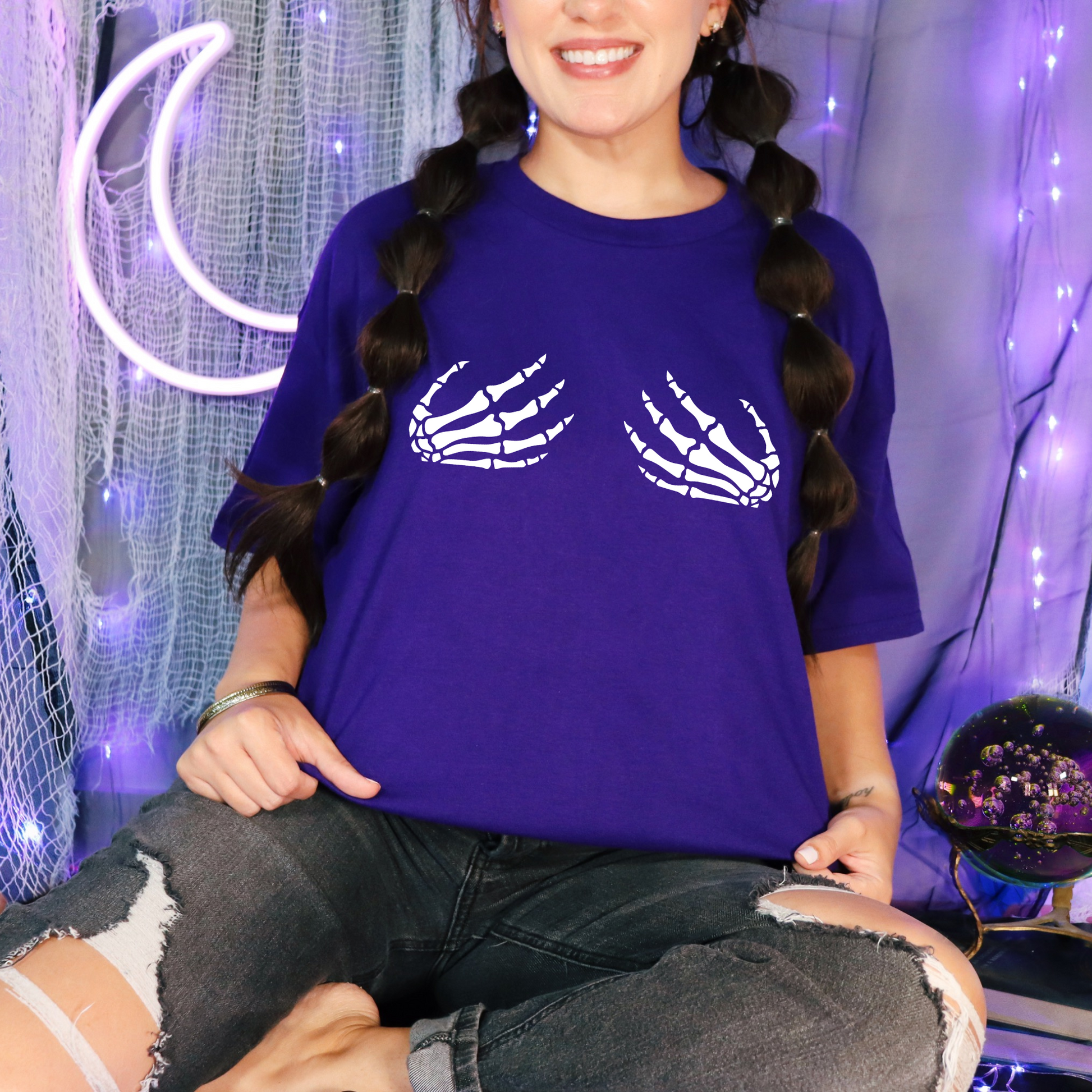 Wholesale Skeleton Hands Graphic Tee - Purple Tee