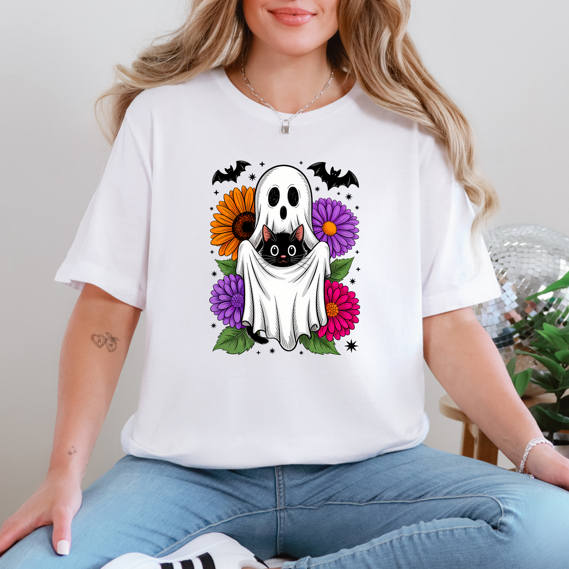 Wholesale Cat and Ghost Graphic Tee - White Tee