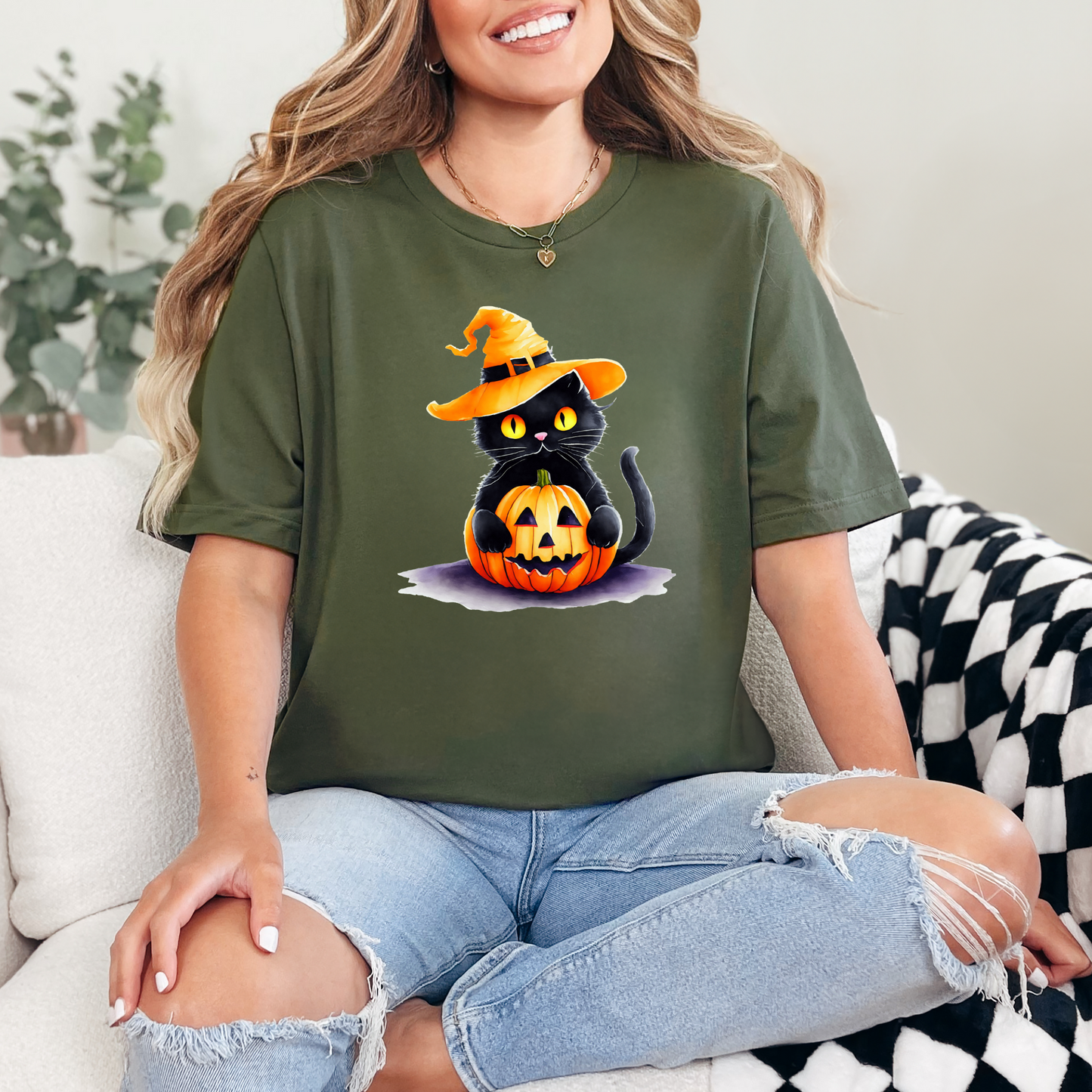 Wholesale Halloween Pumpkin Cat Graphic Tee - Military Green Tee