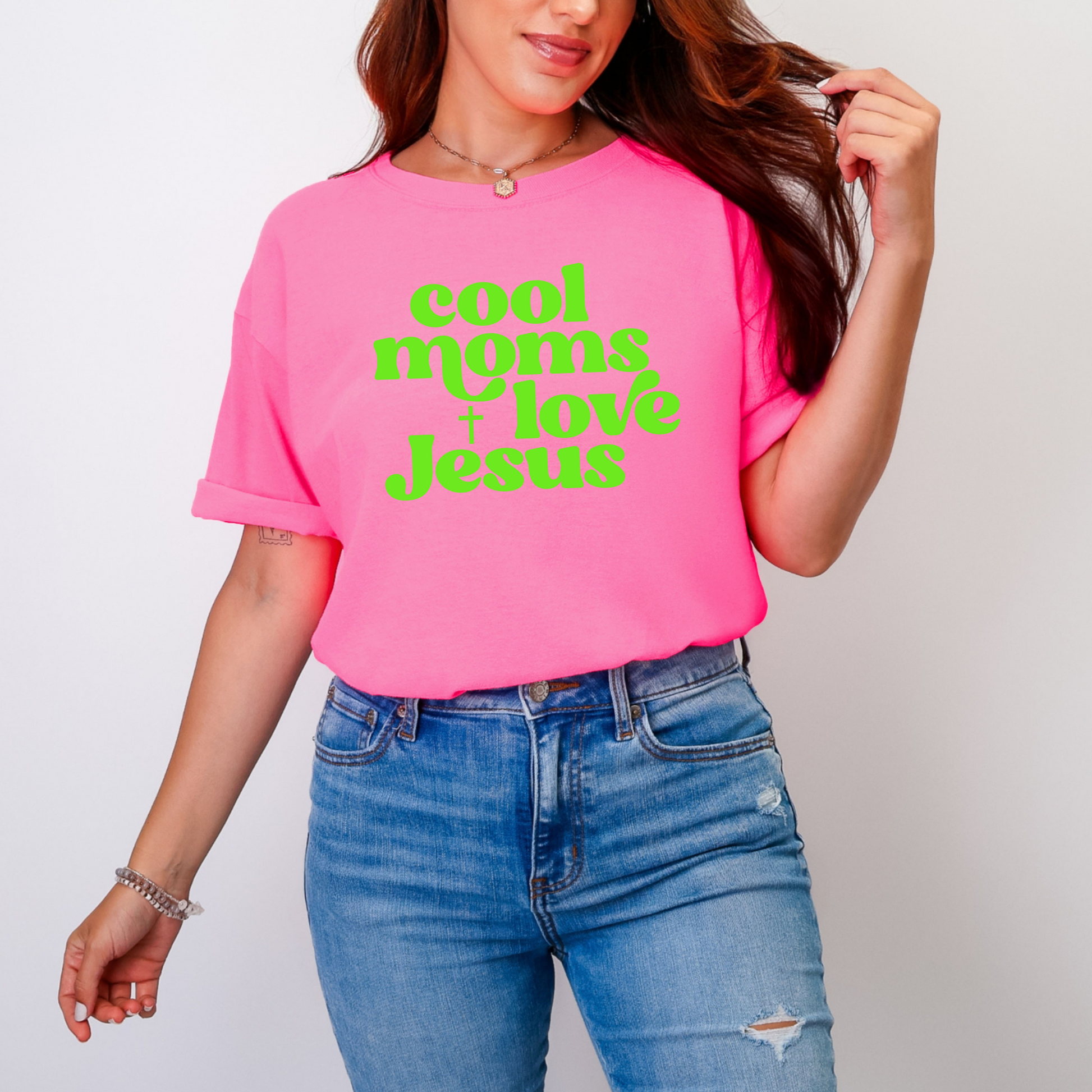 Wholesale Cool moms love Jesus Graphic Tee - CC Neon Pink Tee
