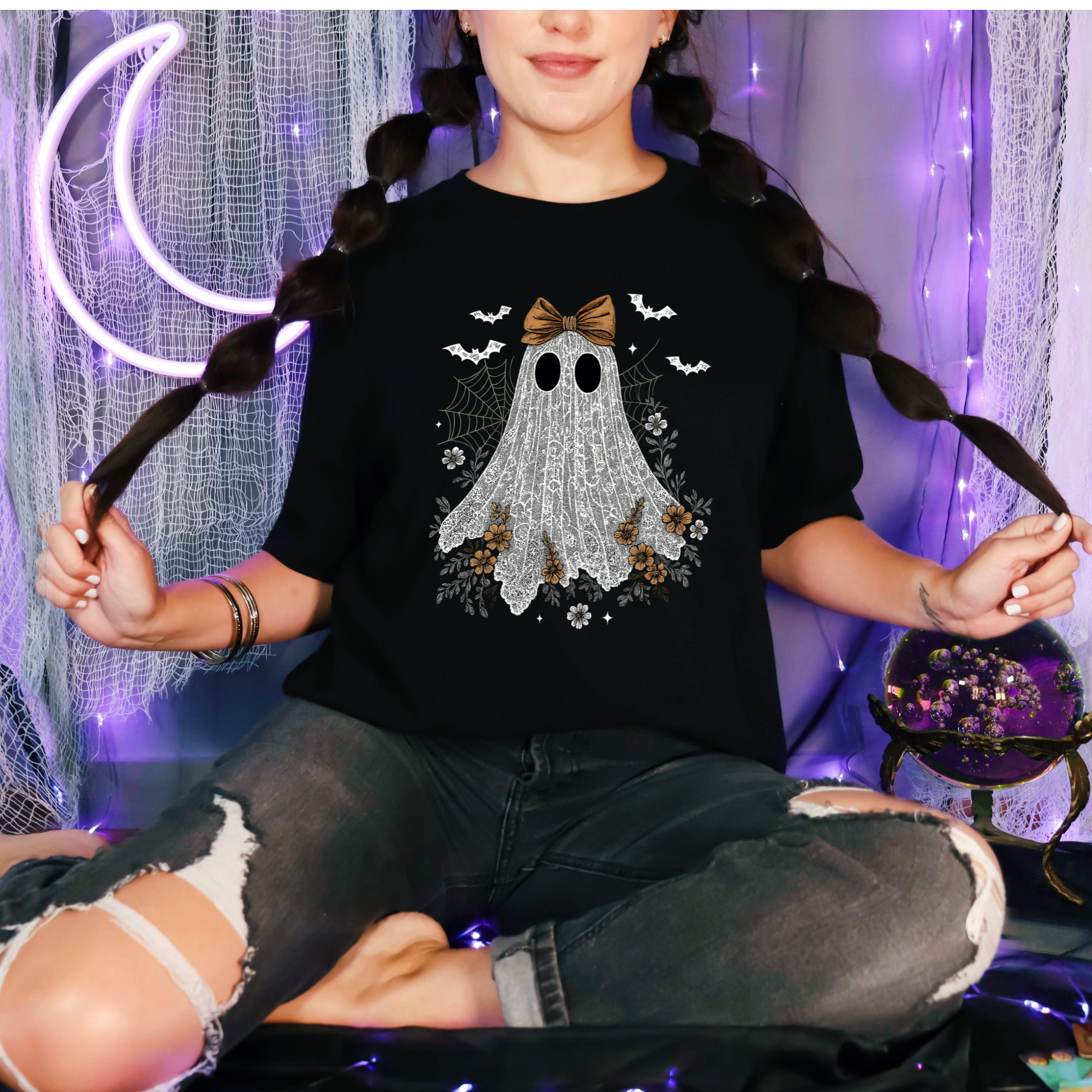 Wholesale Halloween Lace Ghost Cute Graphic Tee or Sweatshirt - Black Tee