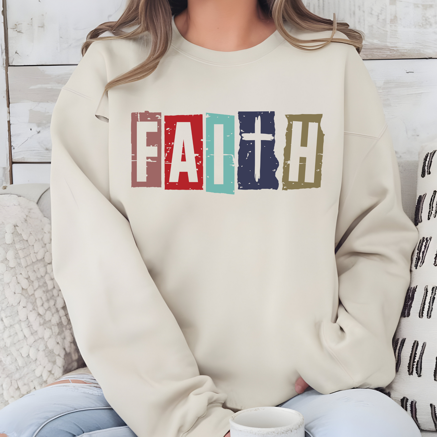 Wholesale Color Block Faith Sweatshirt - Sand Sweatshirt