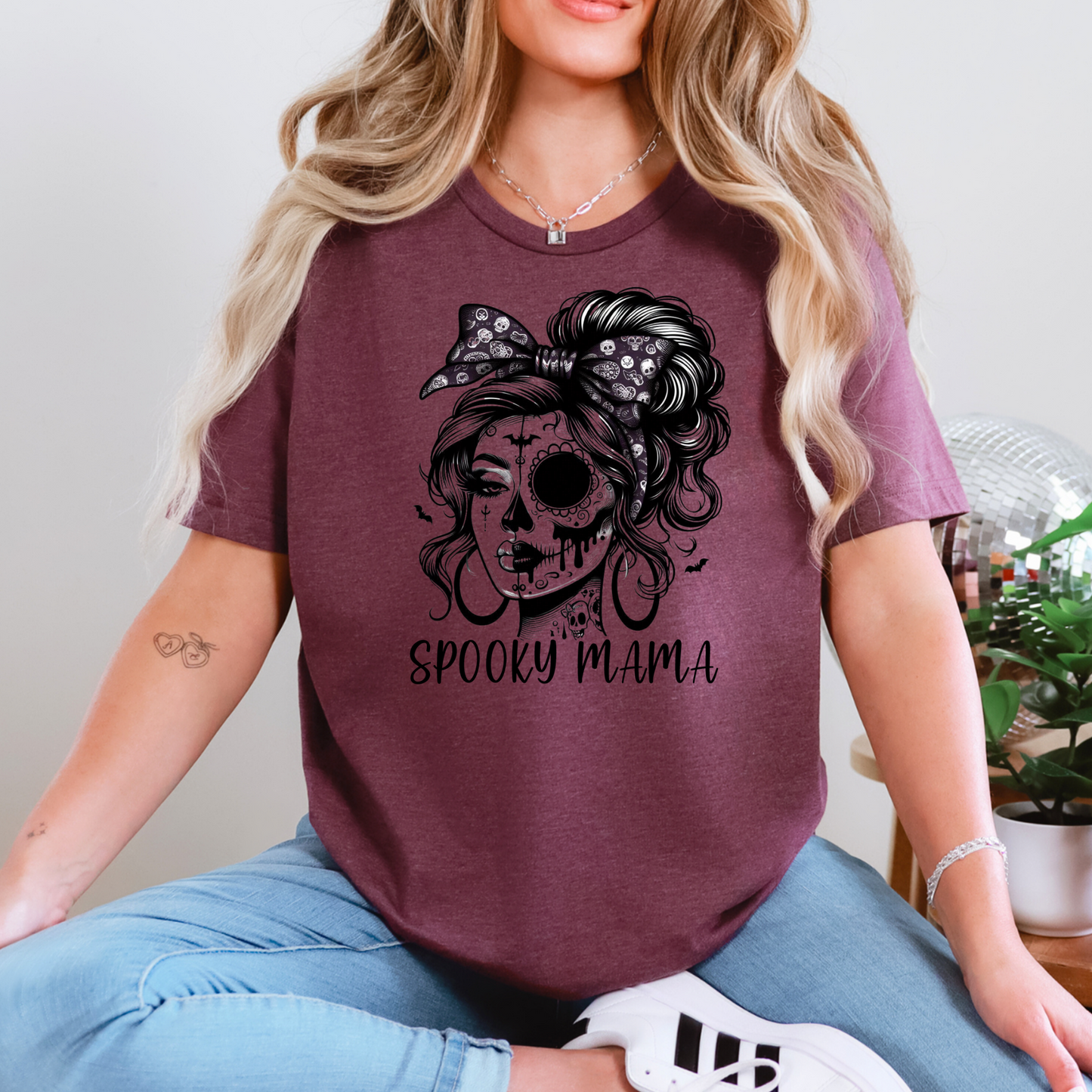 Wholesale Spooky Mama Face Graphic Tee - Heather Maroon Tee