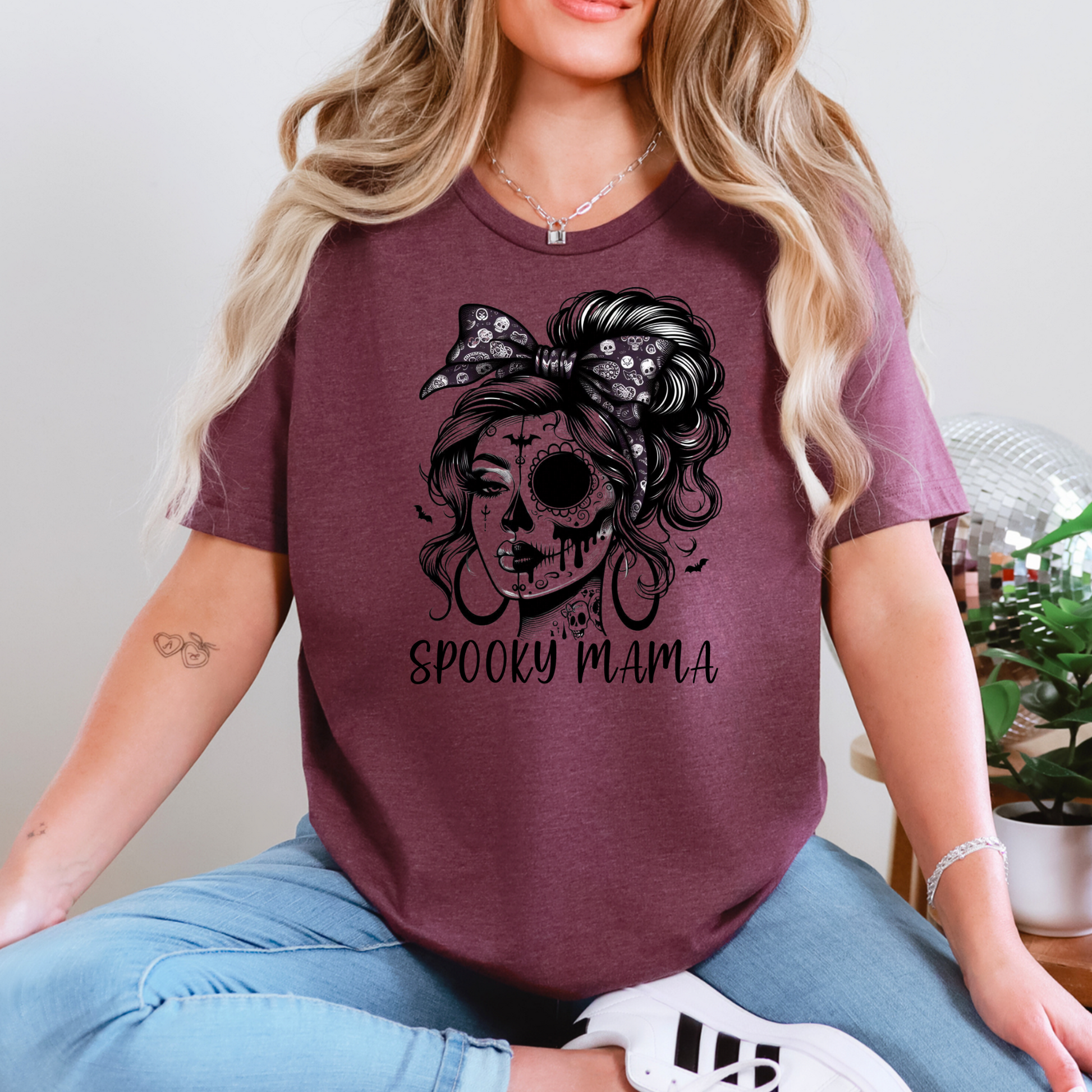 Wholesale Spooky Mama Face Graphic Tee - Heather Maroon Tee