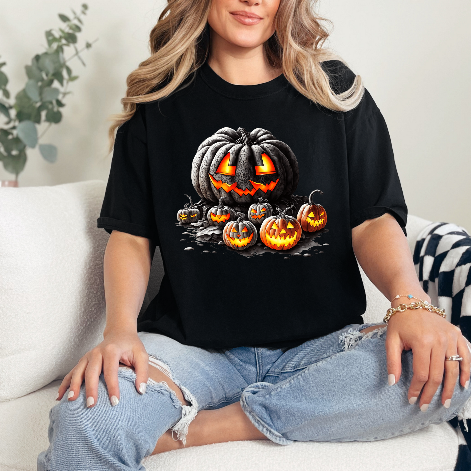 Wholesale Lit Up Pumpkins Graphic Tee - Black Tee