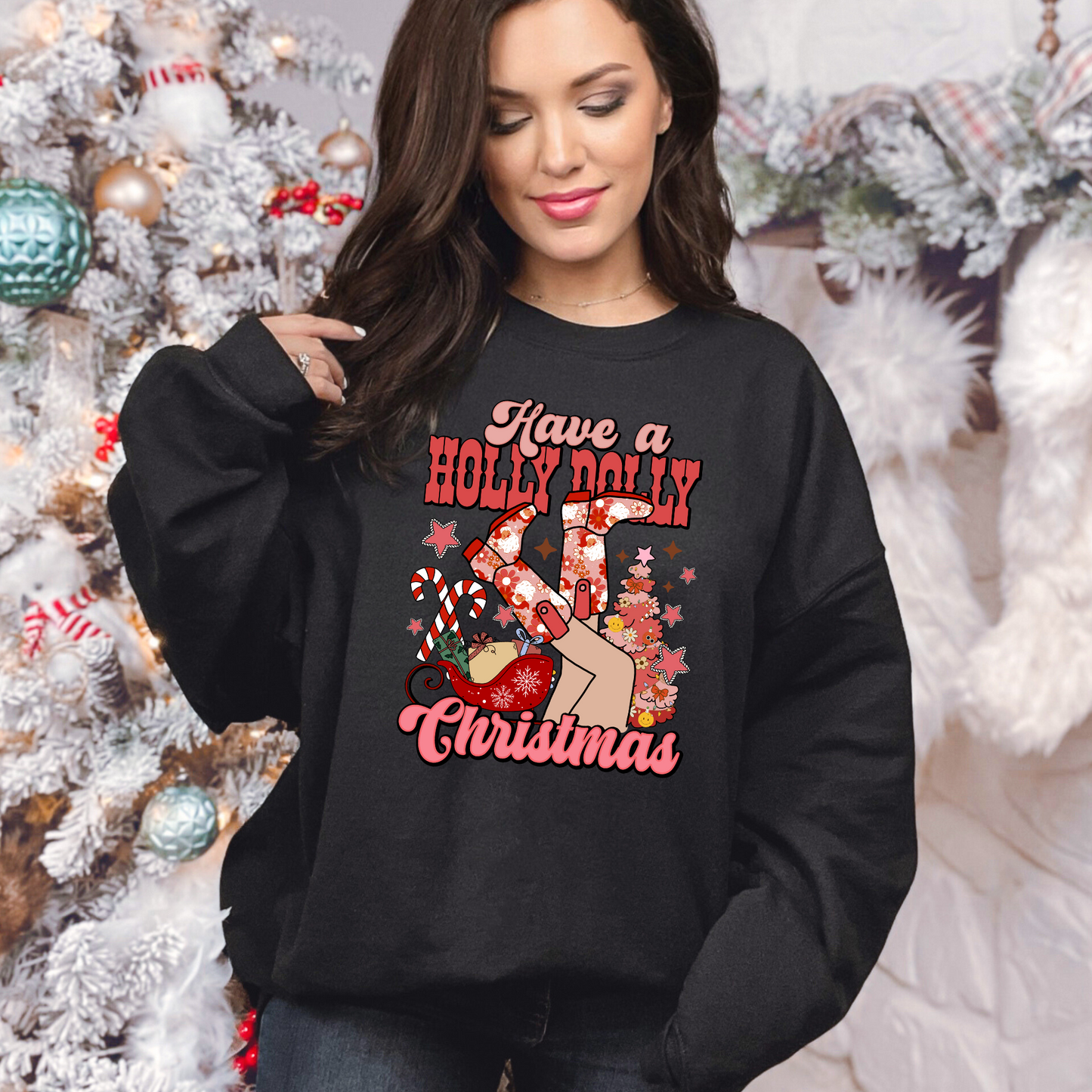 Wholesale Holly Dolly Christmas Boots Graphic Tee - Black Tee