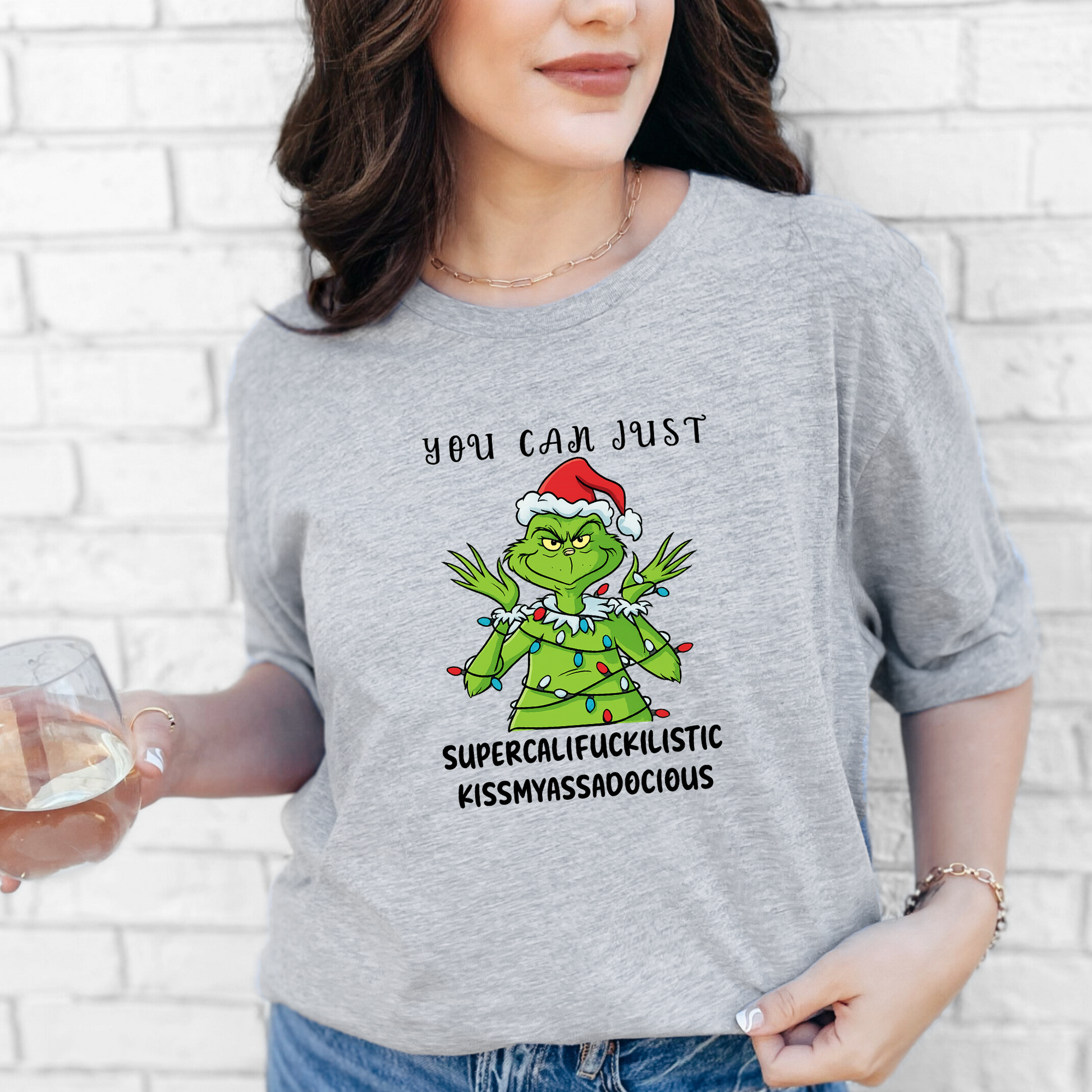 Wholesale Grinch You Can Just Graphic Tee - Grey Tee