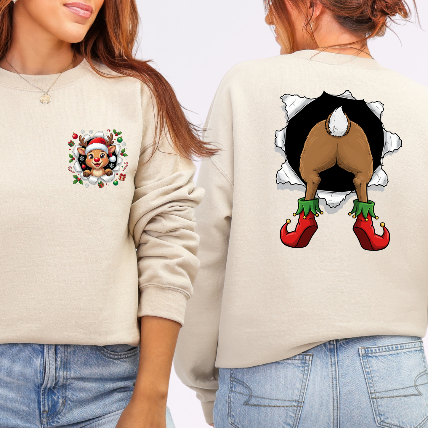 Wholesale Reindeer Front/Back Sweatshirt - Sand Sweatshirt