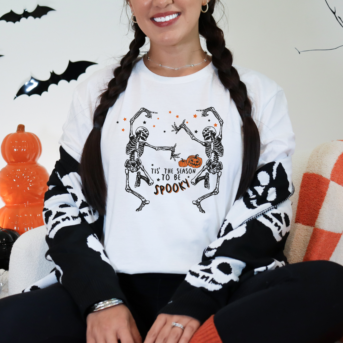 Wholesale Spooky Season Skeleton Graphic Tee - White Tee