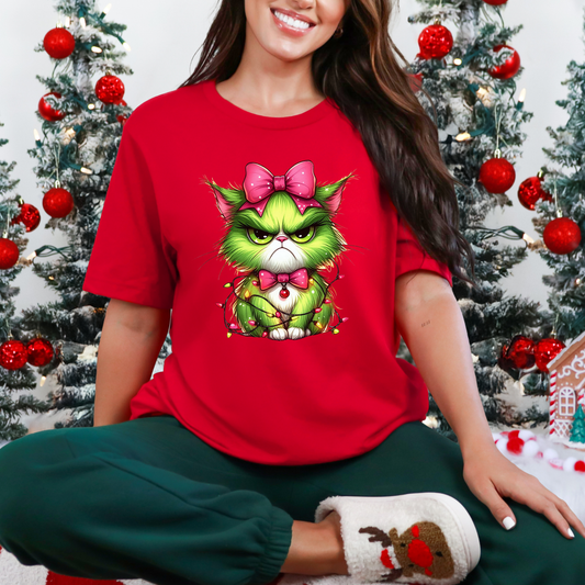 Wholesale Angry Christmas Cat Graphic Tee - Red Tee