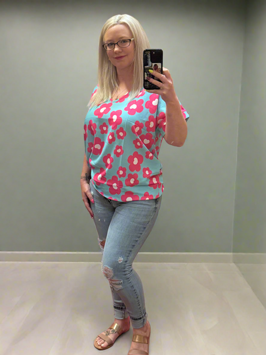 Spring Vibes Blue & Pink Floral Print V Neck Short Sleeve Top