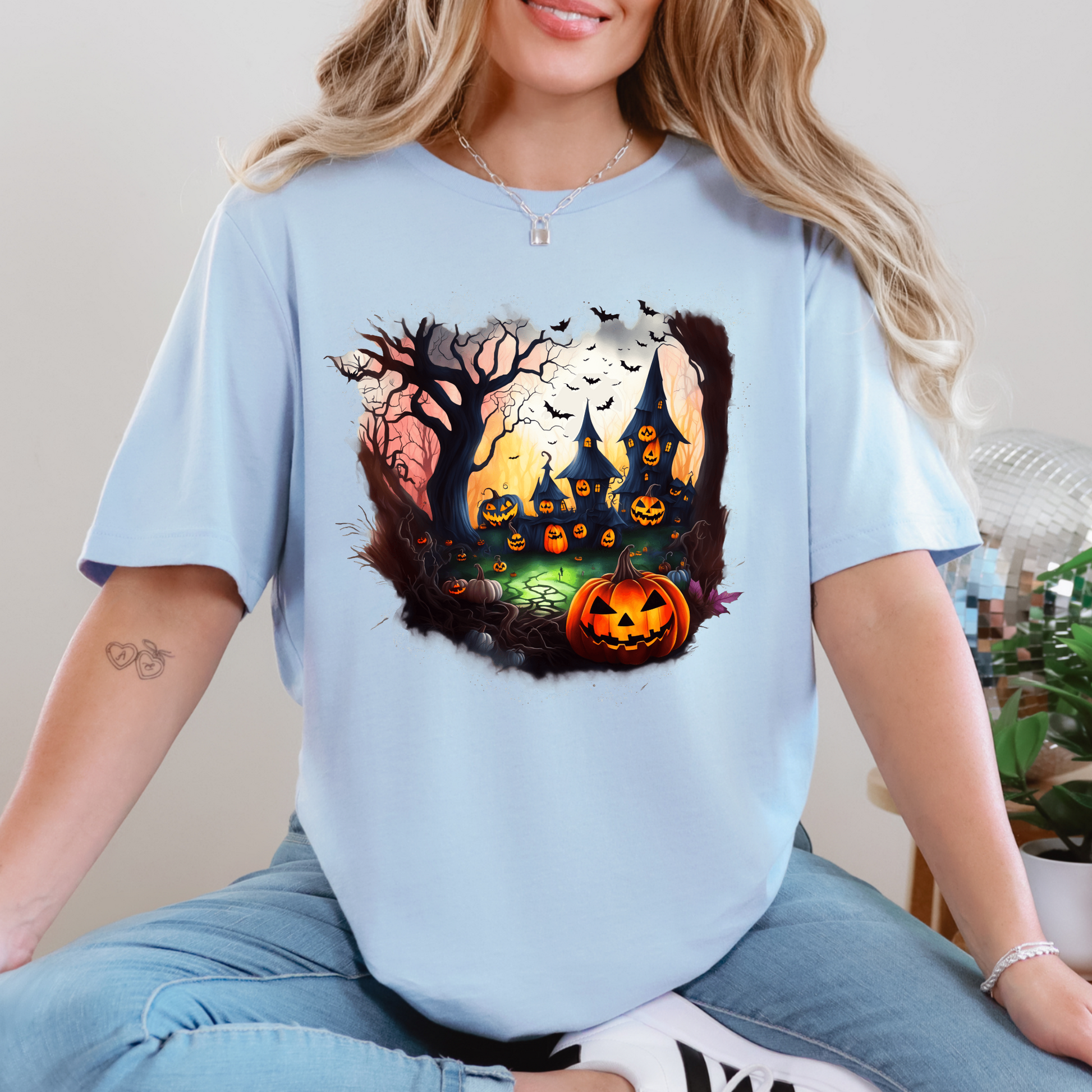 Wholesale Spooky Forest Graphic Tee - Baby Blue Tee