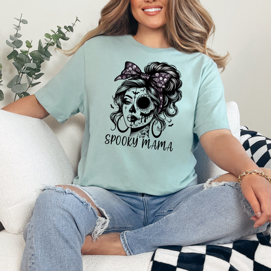Wholesale Spooky Mama Face Graphic Tee - Dusty Blue Tee