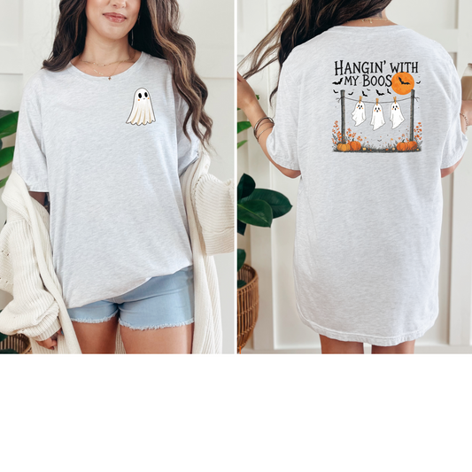 Wholesale Hanging Ghost Graphic Tee or Sweatshirt - Ash Tee Front/Back