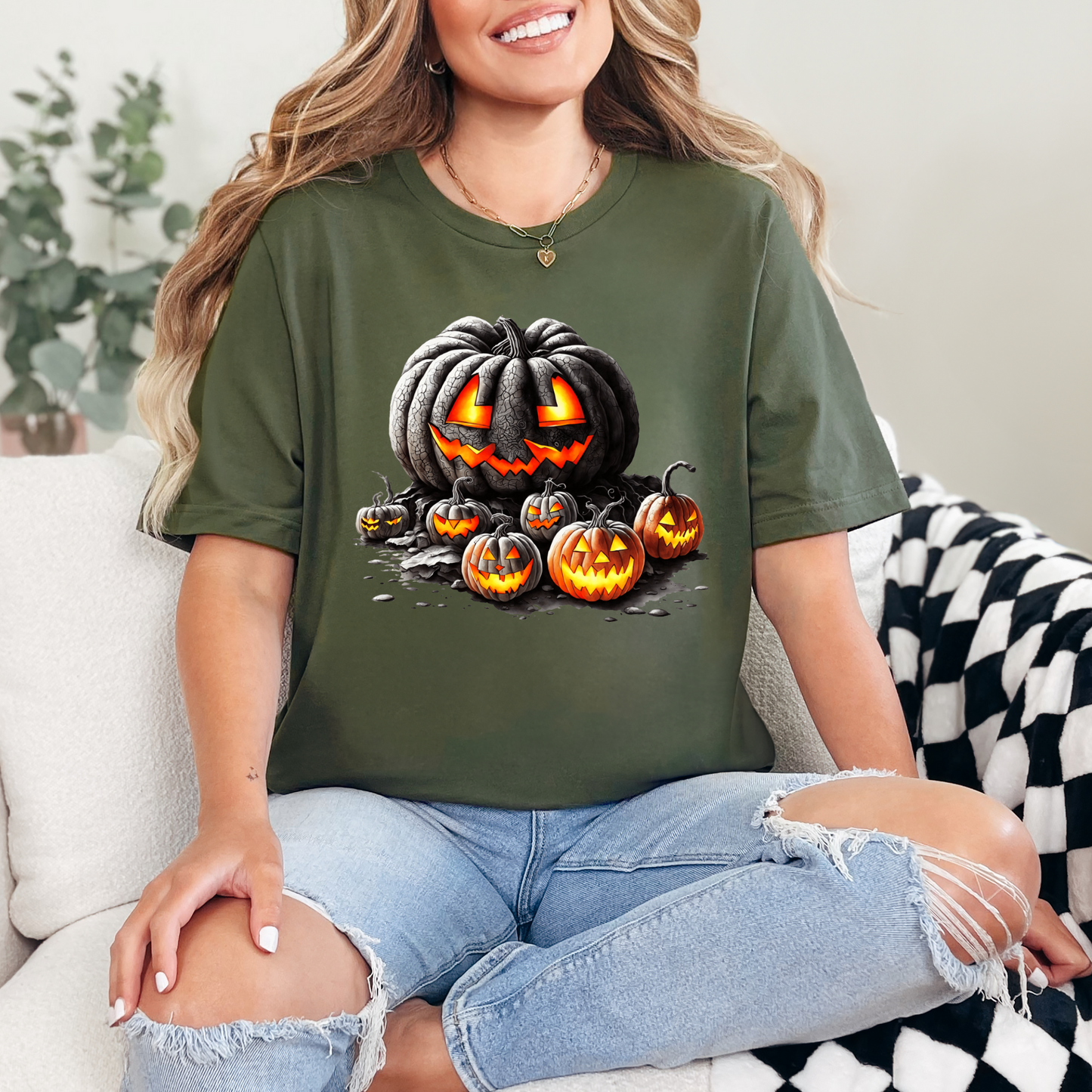 Wholesale Lit Up Pumpkins Graphic Tee - Military Green Tee