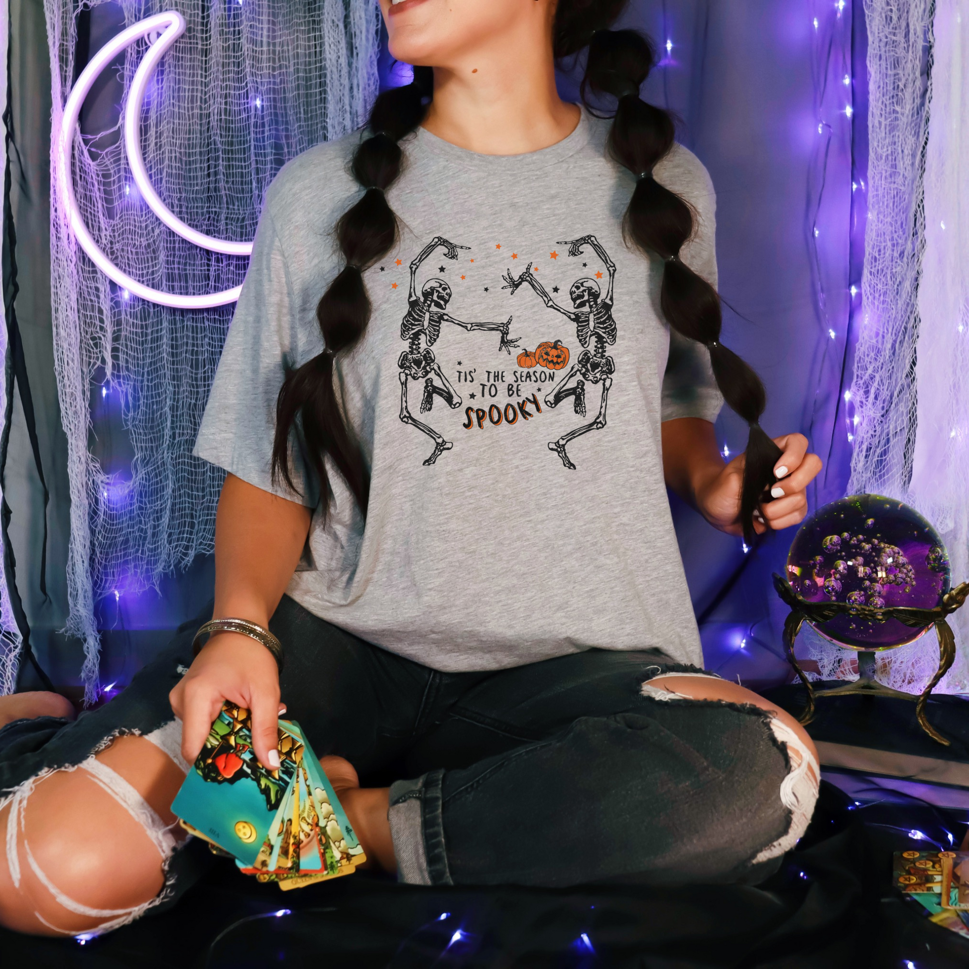 Wholesale Spooky Season Skeleton Graphic Tee - Grey Tee