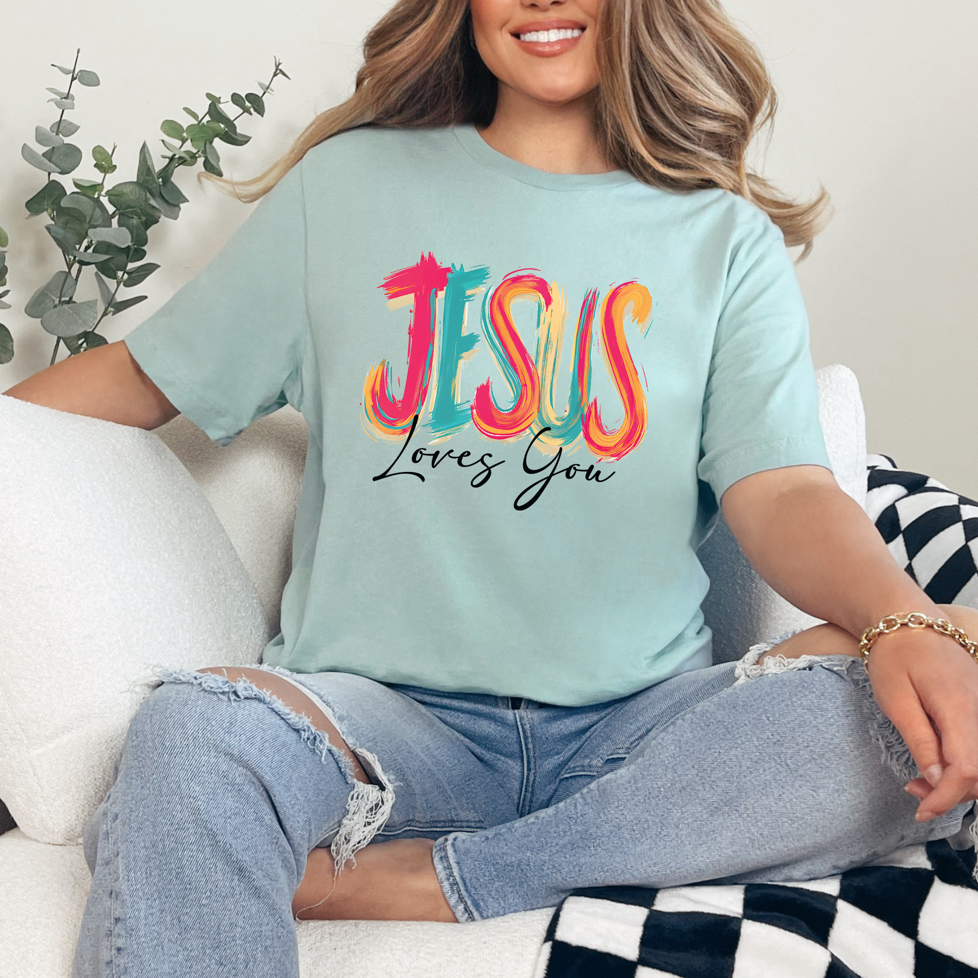 Wholesale Jesus Loves You Graphic Tee - Dusty Blue Tee