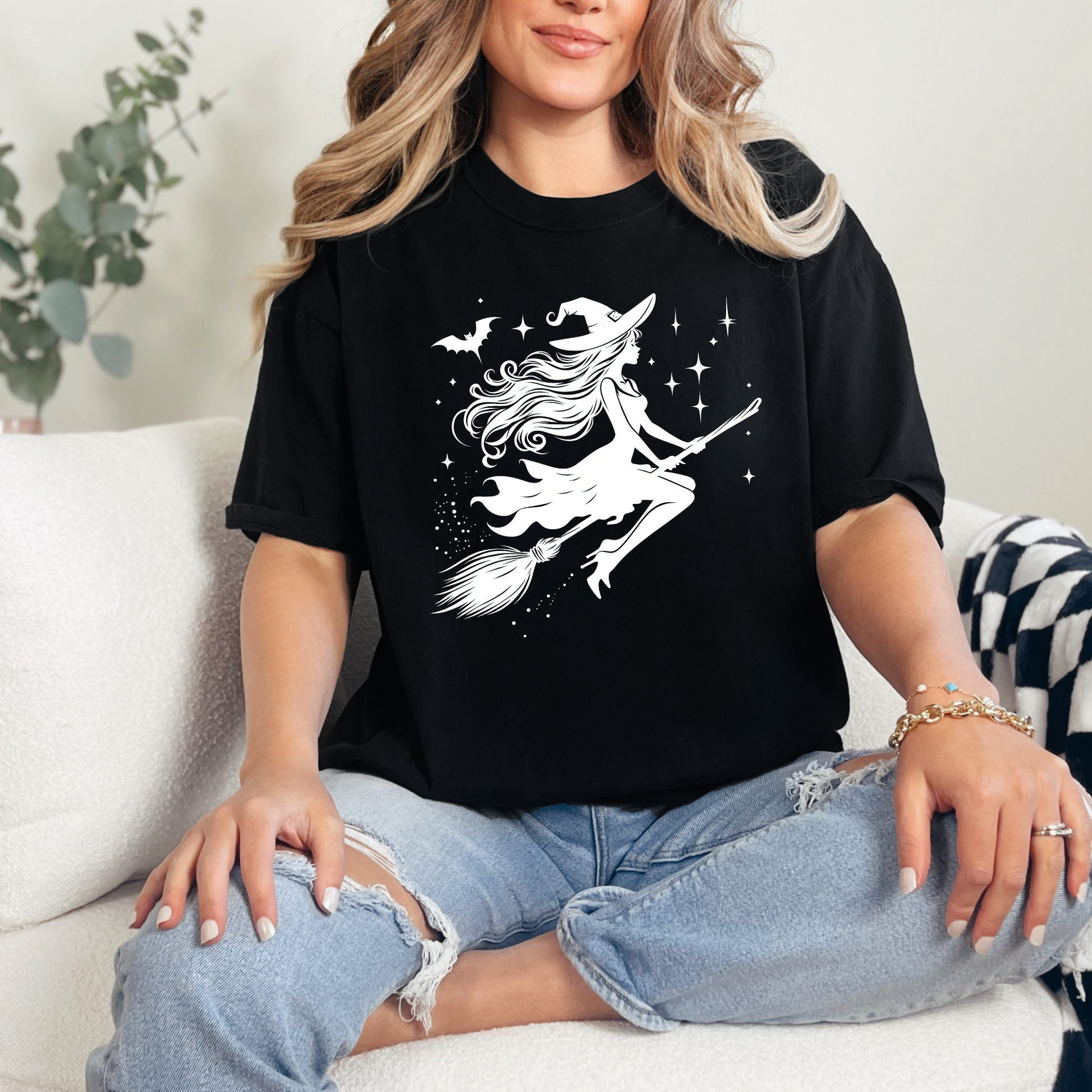 Wholesale Witch on Broom Graphic Tee - Black Tee