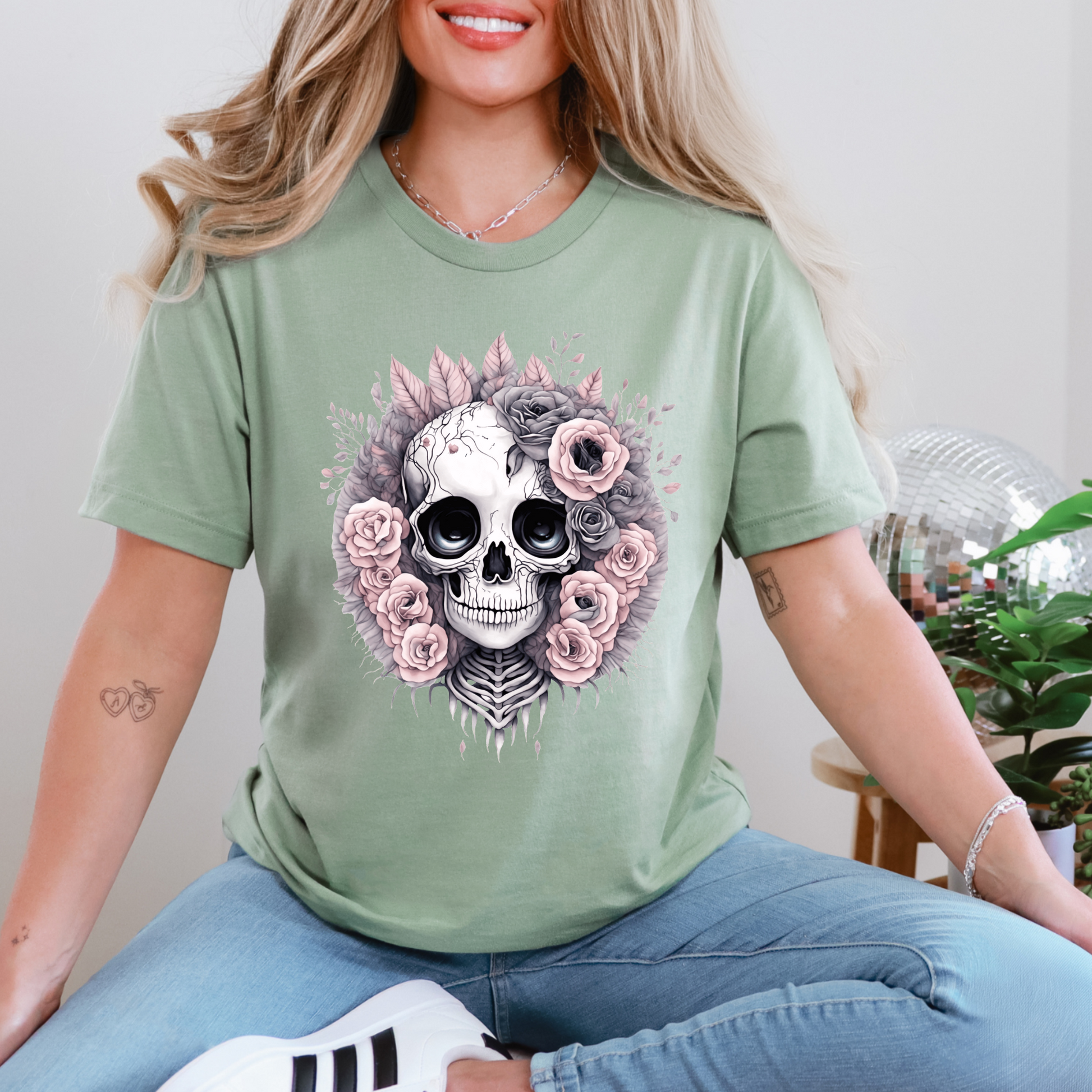 Wholesale Skull with Pink Roses Graphic Tee - Sage Tee