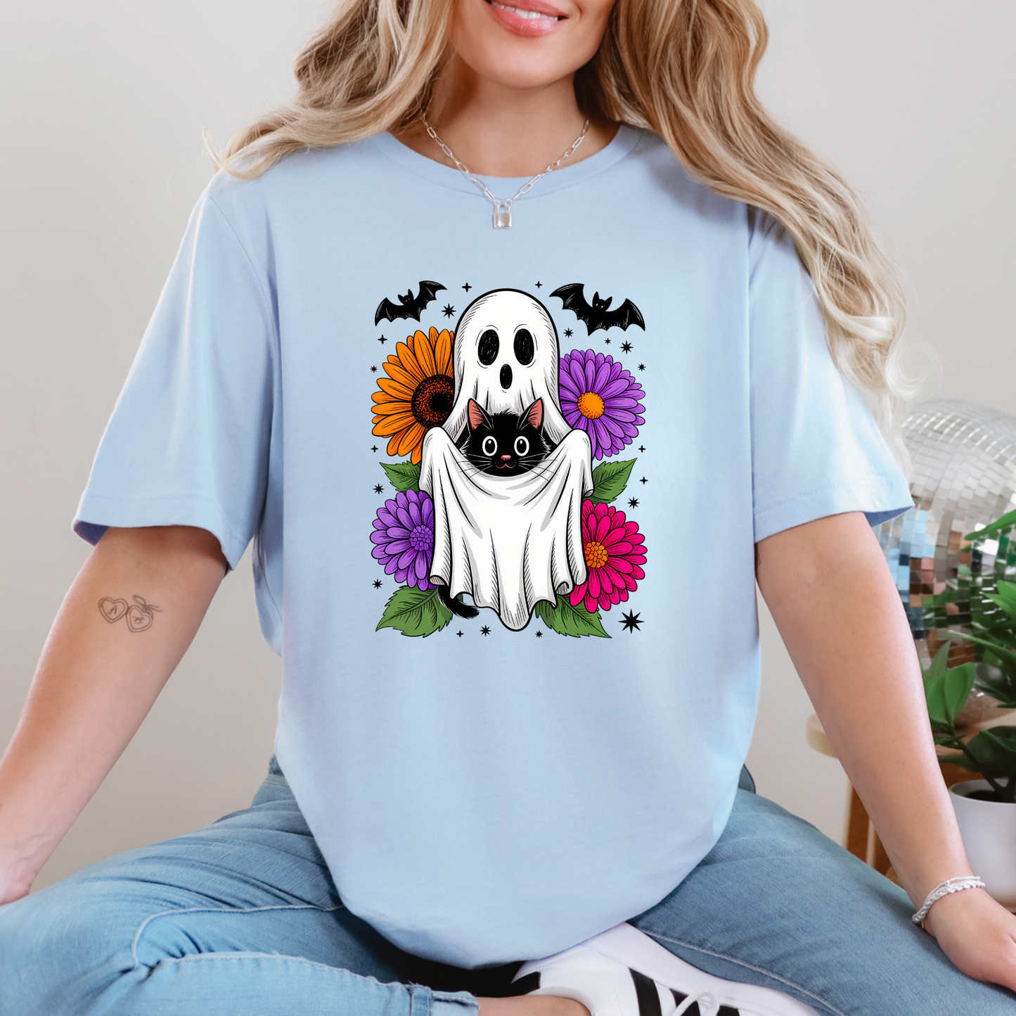 Wholesale Cat and Ghost Graphic Tee - Baby Blue Tee